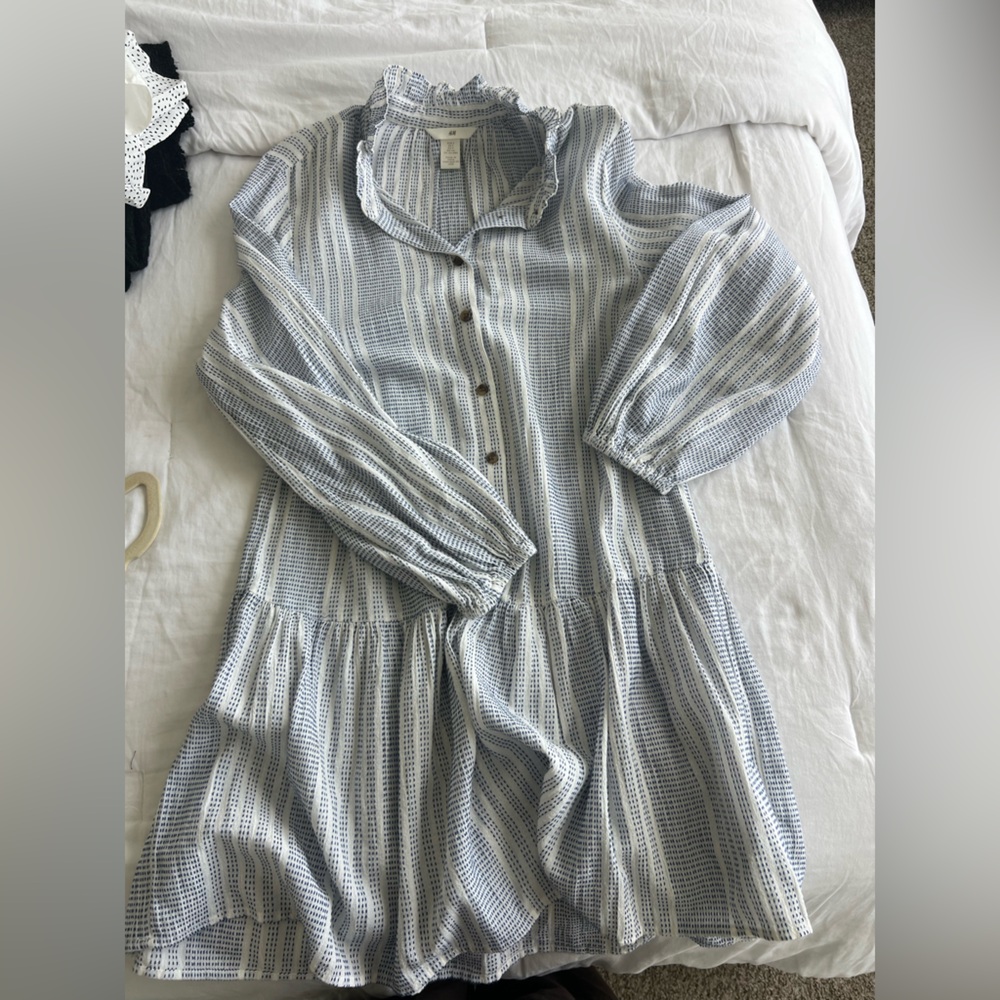 H&M White and Navy Striped Button-Up Tunic